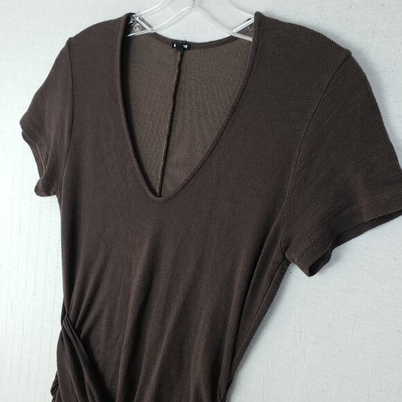 MONROW Supersoft Front Wrap Dress in Cocoa Brown Asymmetrical size M Ruched - Picture 4 of 13